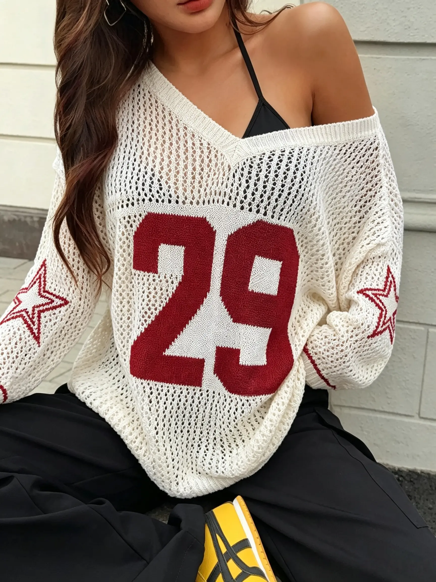 Women's Off Shoulder Open Knit Sweater, Oversized Hollow Out Crochet Knit Top with 29 Graphic, Long Sleeve Y2K Streetwear Pullover sohochic