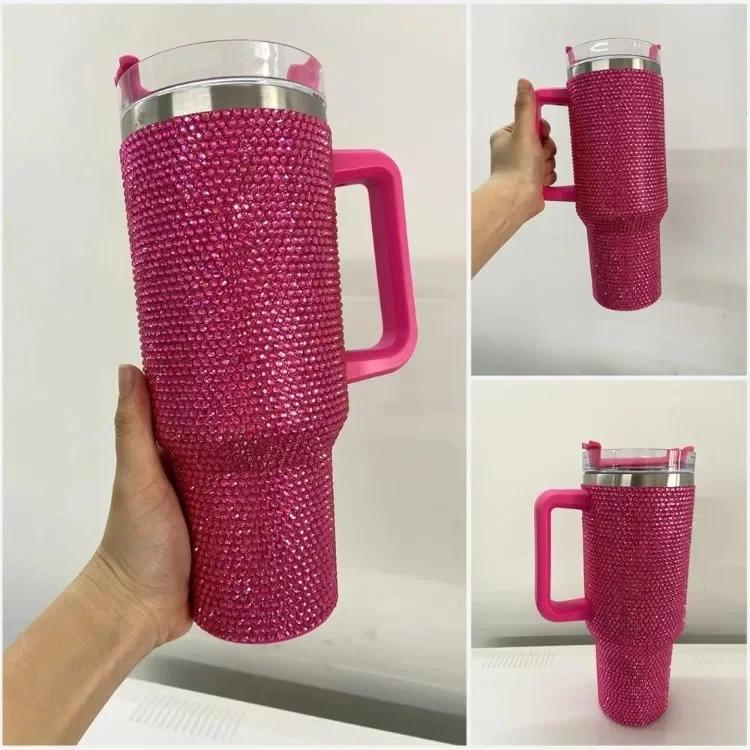 Car Stuff 40oz Shiny Diamond Stainless Steel Insulated Tumbler with Handle | Car Travel Mug | Keeps Hot & Cold