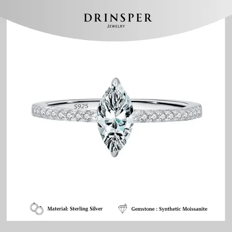 Drinsper Simple Marquise Ring - S925 0.5ct DVVS Colour Synthetic Moissanite Sterling Silver Engagement Ring for Women Girls Elegant Classic Style Suitable for Daily Wearing Birthday Anniversary Jewelry Gift for Her