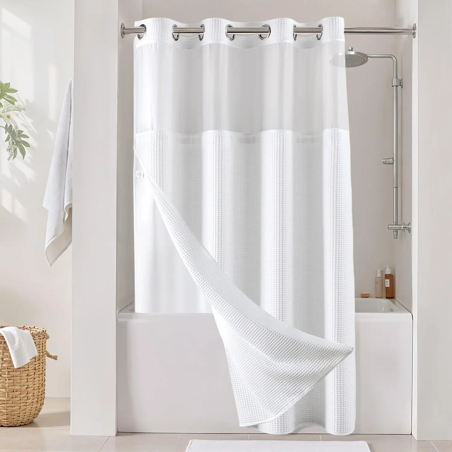 White No Hook Waffle Weave Shower Curtain with snap-in Liner Replacement, Waterproof Fabric Hotel Shower Curtain Set for Bathroom, Through Mesh Top Window,71Wx75H