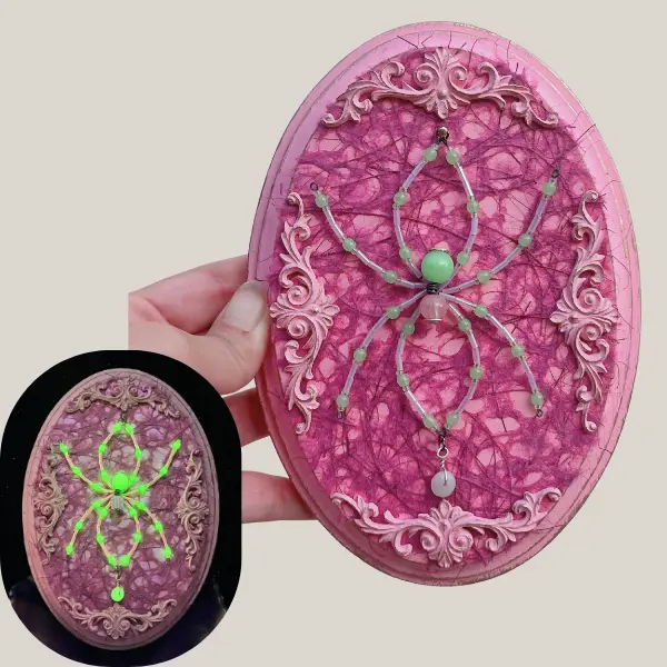 Pink Uranium Glass Beaded Spider Victorian Gothic Dark Aesthetic Oval Wall Plaque Art Decor Hanging