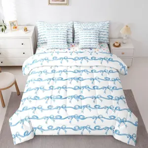 Blue Bow Tie Bedding Set,7 Piece Girls Coquette Ribbon Bows Comforter Bed Set with Sheets,Kids Teen,Blue and White Striped Bed Bag,Cute Kawaii Sheet