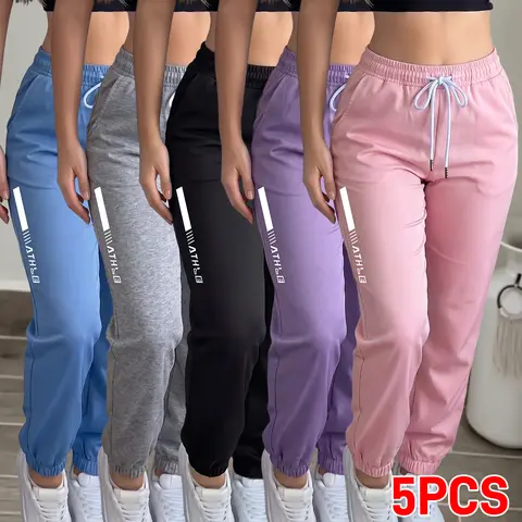 Women's 5PCS Polyester Blend Jogging Pants - Lightweight Ultra-Thin Straight, Breathable Elastic Comfy Fitness Gym Bottoms, Drawstring 4-Season Stretchy Exercise Athletic Activewear with Stylish Pockets for Outdoor Sports