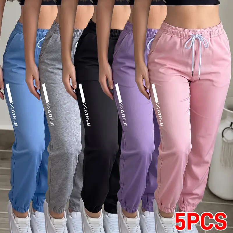 Women's 5PCS Polyester Blend Jogging Pants - Lightweight Ultra-Thin Straight, Breathable Elastic Comfy Fitness Gym Bottoms, Drawstring 4-Season Stretchy Exercise Athletic Activewear with Stylish Pockets for Outdoor Sports