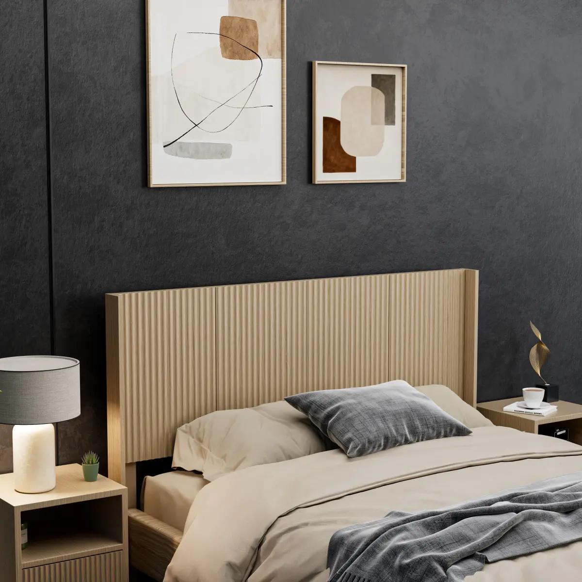 Wood Headboard Queen Size, 64.4" Wide Wooden Queen Headboard Only, Modern Farmhouse Headboards, Wall Mounted Fluted Panel, Wingback Boho Headboards, Natural Oak