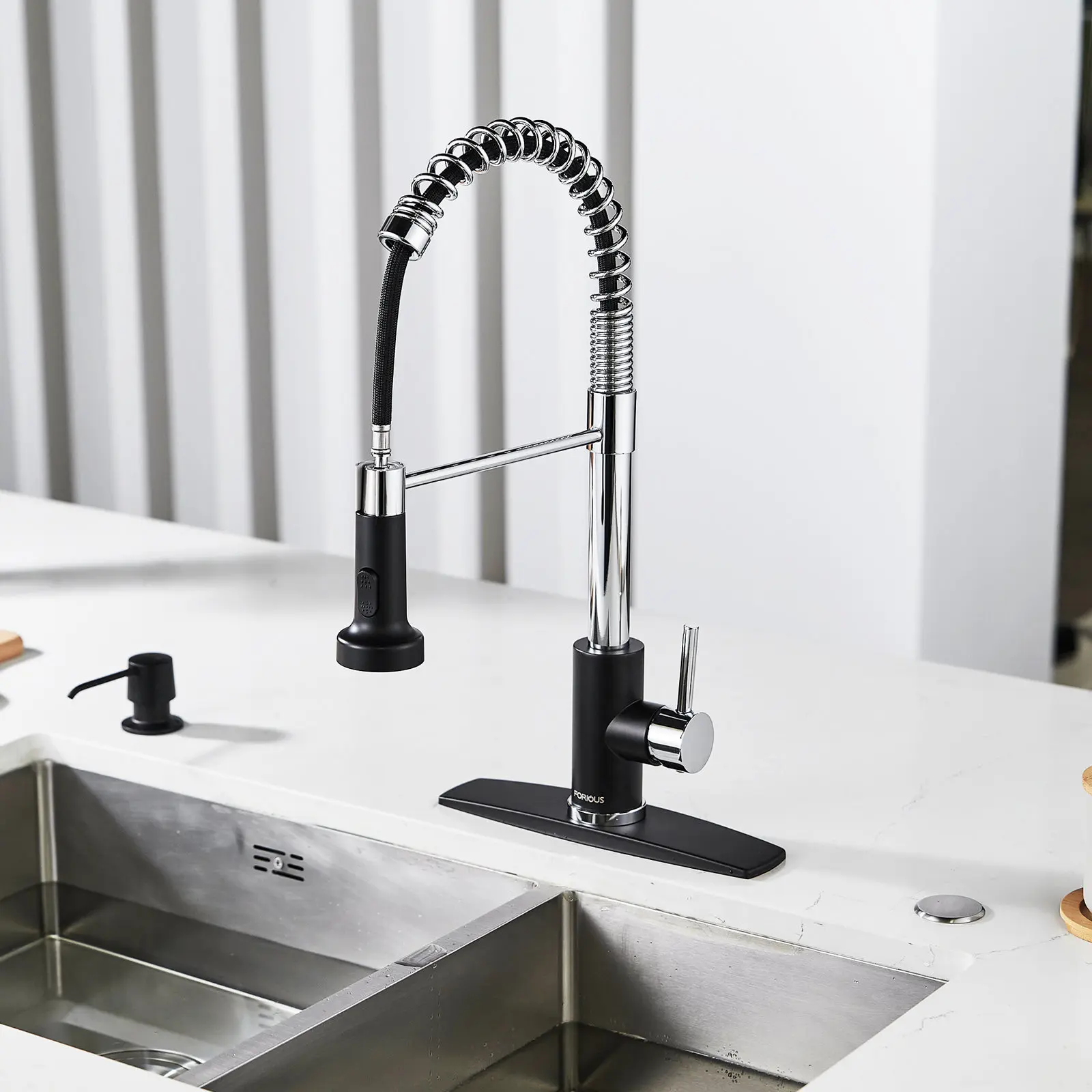 FORIOUS Kitchen Faucet with Pull Down Sprayer Single Handle Sink Faucet with Deck Plate 2 Modes Chrome Stainless Steel Kitchen Faucet homedecor