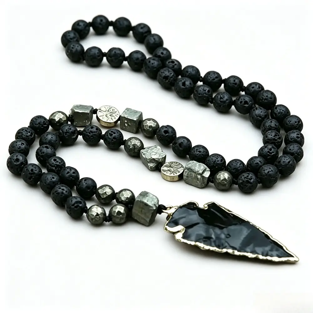 2026 New Beaded Pendant Necklace - 35in Black Crystal Long Design with Lava Obsidian, Pyrite Gemstone Beads, Healing Protection Adjustable Unisex Bag Charm Accessory for Birthday, Casual Gifting, Necklaces, Dance, Concert, Gemstones, Long Necklace