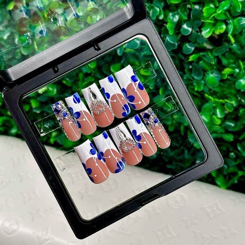 ACRYLIC Blue Flower White French Tip Bling High Quality Hand Made Custom Press On Nails Long Medium Square Coffin Almond Stiletto
