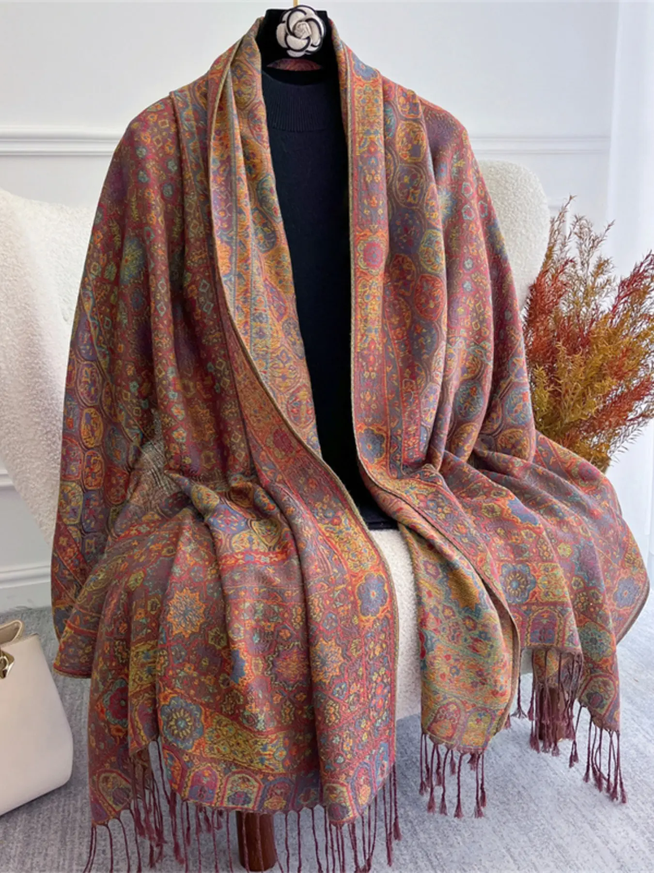 Women's Fashion Winter New Jacquard Scarf Thick Imitation Wool Warm Scarf Outdoor Windproof Headscarf, Stylish and Cozy Accessory muslim hijab, Tassel Decor Scarf, Boho Style Polyester Shawl
