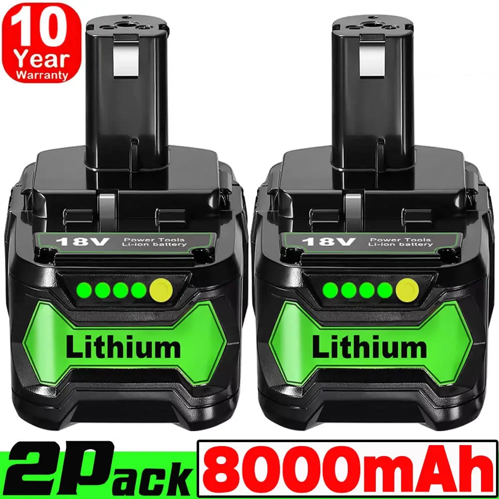 8.0Ah 18V 2Pack Replacement for Ryobi 18V Battery ONE+Plus Li-ion P108 P102 P103 P104 P105 P107 P109 P122PBP005 RB18L50 Cordless Power Tools with LED Indicator