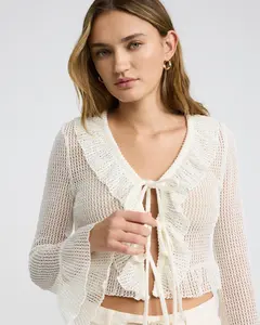 Express Open Stitch Ruffle Tie Front Cardigan