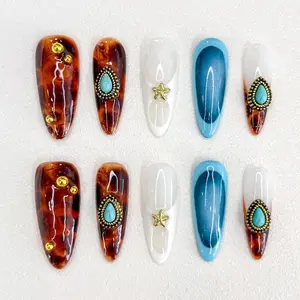 Terra Nail – Desert Star Press-On Nails, Tortoise Shell and Blue Gradient, Gold and Turquoise Gem Accents, Star Detail, Elegant Art Set