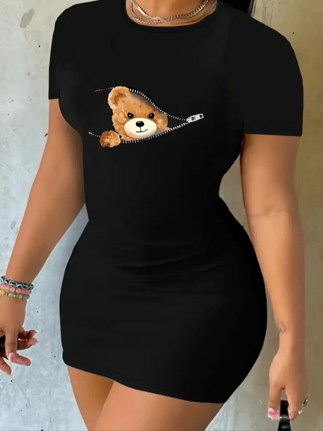Women's Cartoon Bear Print Round Neck Bodycon Dress, Cute Casual Fit Chic Short Sleeve Dress for Daily Outdoor Wear, Casual Dresses, Ladies Clothes for All Seasons, Casual Summer Dress, Womenswear