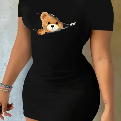 Women's Cartoon Bear Print Round Neck Bodycon Dress, Cute Casual Fit Chic Short Sleeve Dress for Daily Outdoor Wear, Casual Dresses, Ladies Clothes for All Seasons, Fitted Clothing, Womenswear