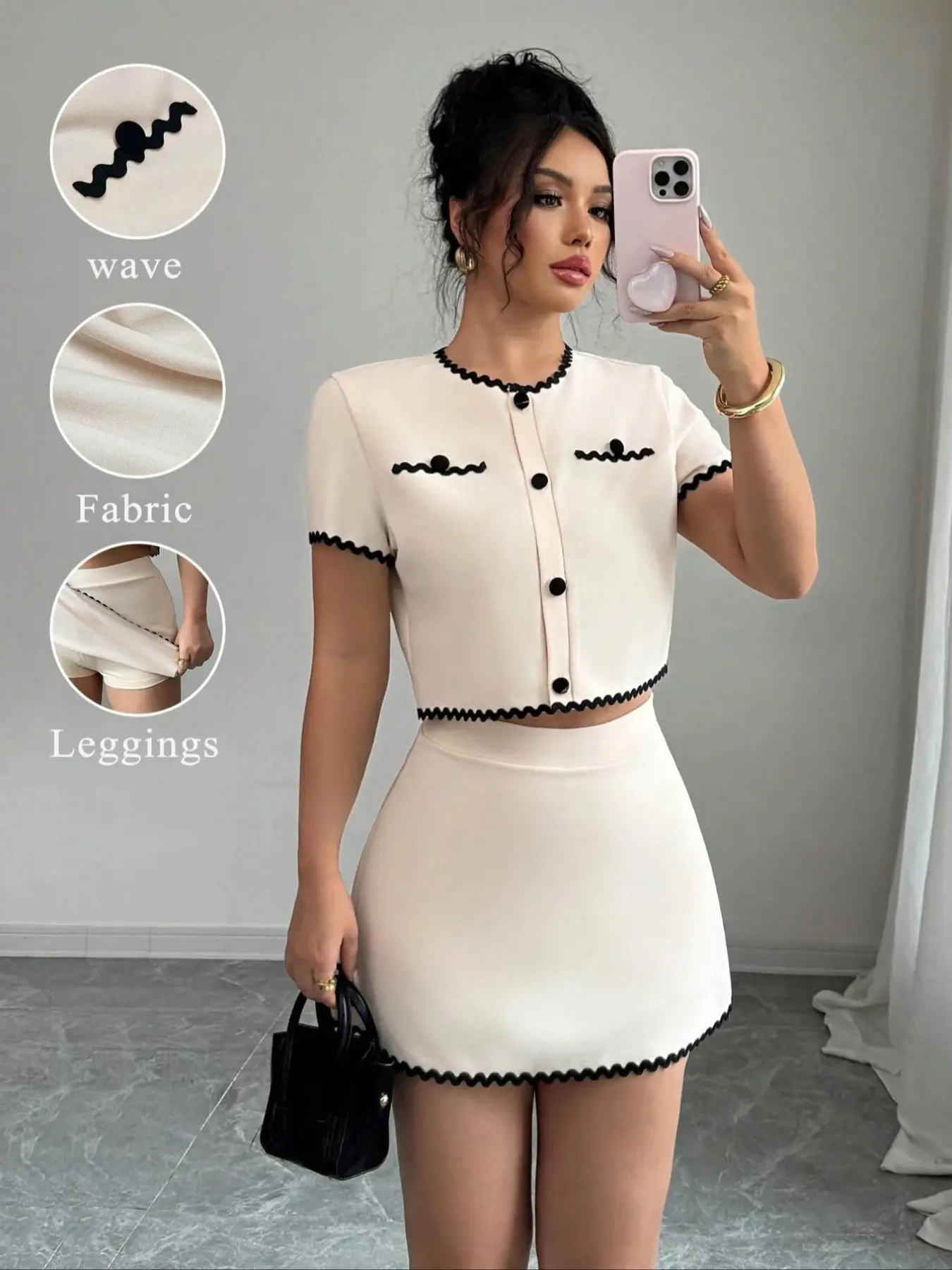 Women's Spring Summer French Elegance Style Lady Colorblock Wave Ribbon Buckle Short Sleeve Button Blouse Top and Mini Skirt Two-Piece Set Clothes Womenswear