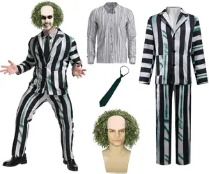 5 Pcs Black and Green Stripe Suit with Wig Adult Costumes for Men Movie Cosplay Outfits for Halloween