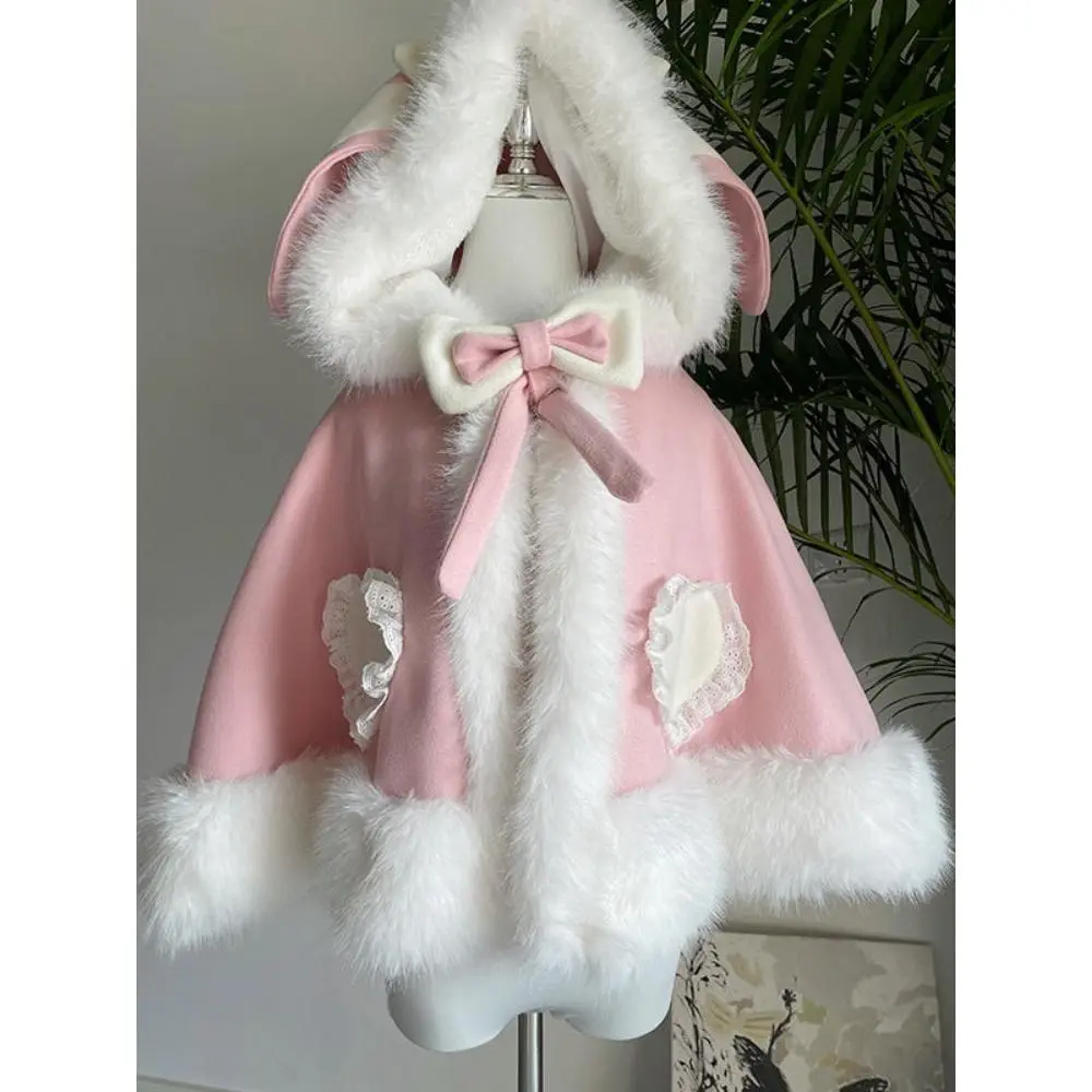 Japanese Lolita Sweet Rabbit's Ears Hooded Cloak Jackets Women Y2k Aesthetic Lace Patchwork Love Coat Harajuku Kawaii Bow Jacket