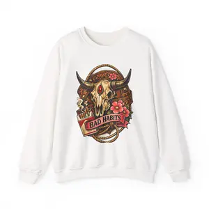 Bull Skull Floral 'Bad Habits' Crewneck Sweatshirt | Western Gothic, Tattoo Style