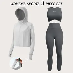 TCVC 3Pcs female fitness suit: UPF 50+ sunscreen hoodie/fleece fleece jacket+sports bra+leggings, breathable/warm, summer and winter sportswear, dopamine dressing fitness suit.