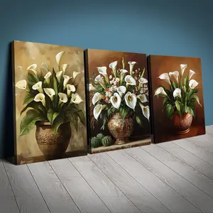 Set of Three Canvas Wall Art Prints, Lily and Cactus Design, 30x40 Cm Each, Ideal for Home, Living Room, Coffee Shop, Office Decor, Wall Art Decoration, Canvas Triptych, Artwork