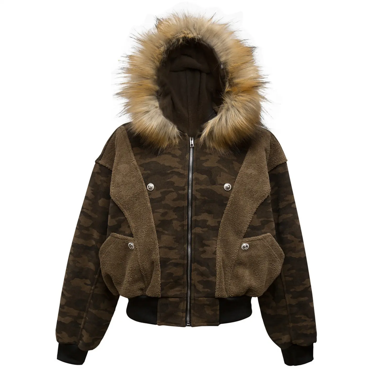 Inflation Men's Camouflage Fleece Bomber Coat - Faux Fur Trim Hood, Oversized Sherpa Panel, Cropped, Casual, Modern Jackets & Coats for 2026 Winter Streetwear Layering Style Outerwear
