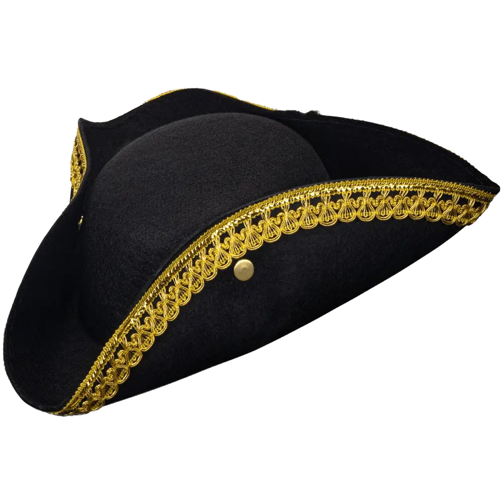 Colonial Hat For Teens and Adults | Colonial Black Tricorn Hat with Gold Trim - Perfect for Halloween, Theme Party, School Play & Pirate Dress Up - Cosplay Costume Accessory
