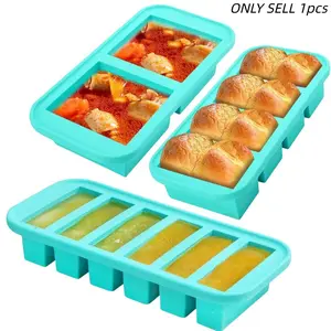 Silicone Food Storage Box, Reusable Snack Containers, 1 Count 2 Grid Ice Cube Mold with Lid, Freezer Box for Soup, Baking Food, Kitchen Accessories, Utensils