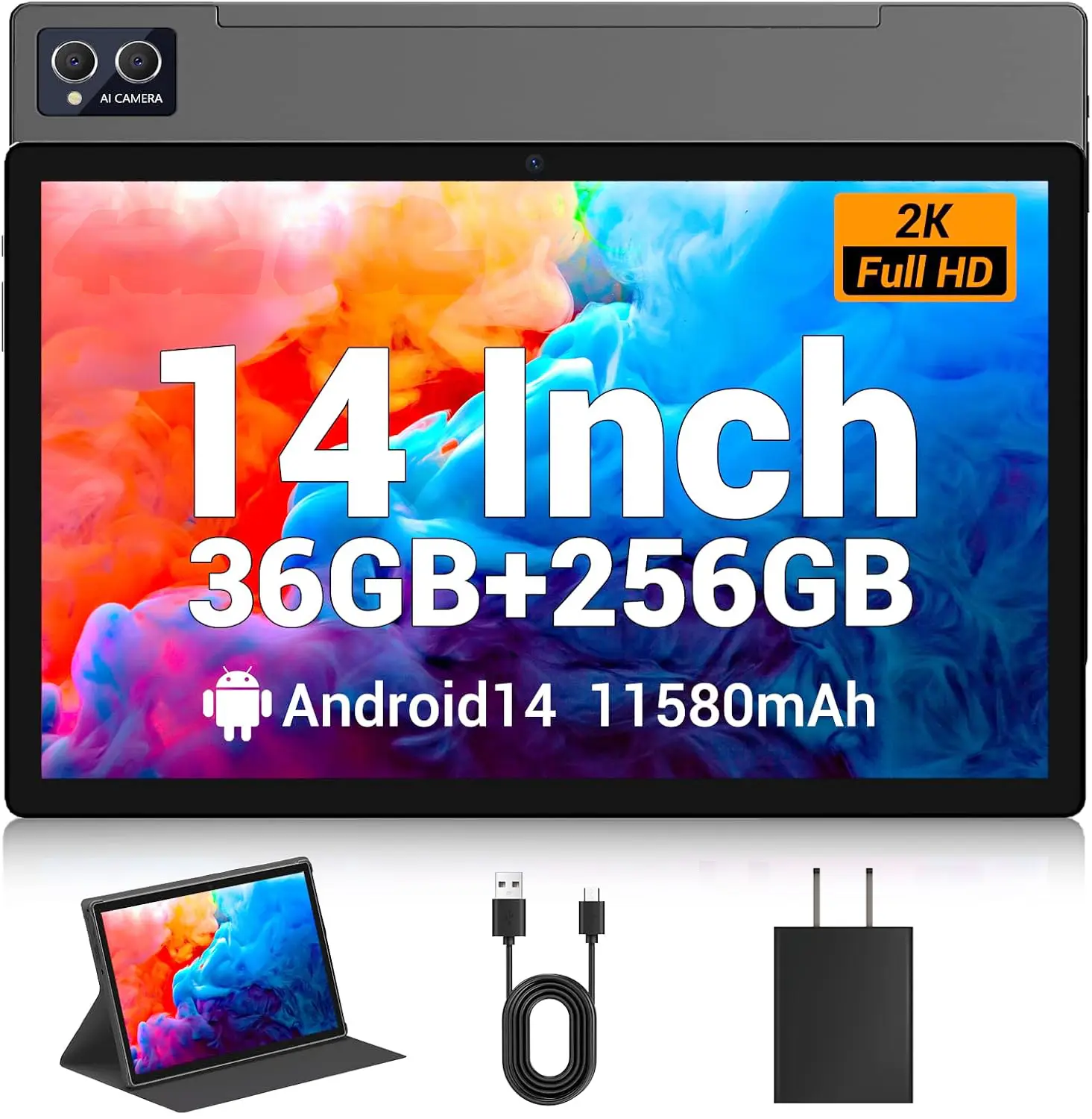 POWMUS 14 Inch Tablet Android 14 Tablet with 2240*1400 2.5K IPS HD Big Screen, Split-Screen Operation, 12 RAM 256GB ROM, Octa core,  Wi-Fi 5, 1T TF Card Support, 11580mAh All-Day Battery Life, 8MP + 13MP Cameras Space, Upgraded Large Table