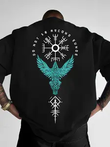 Men's Norse Rune & Raven Graphic T-Shirt, Long, Menswear, Nordic Mythology Theme Streetwear, Urban Outfit with Cultural Print, Comfortable Soft Fabric, Versatile for Relaxed Evenings, Errands & Hangouts, Ideal for Fashion-Forward Wardrobes