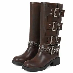 Women's Wide Calf Riding Boots Slip On Motorcycle Boots Square Toe Chunky Heel Fashion Buckles Biker Boots Harness Boots fall shoe shopping