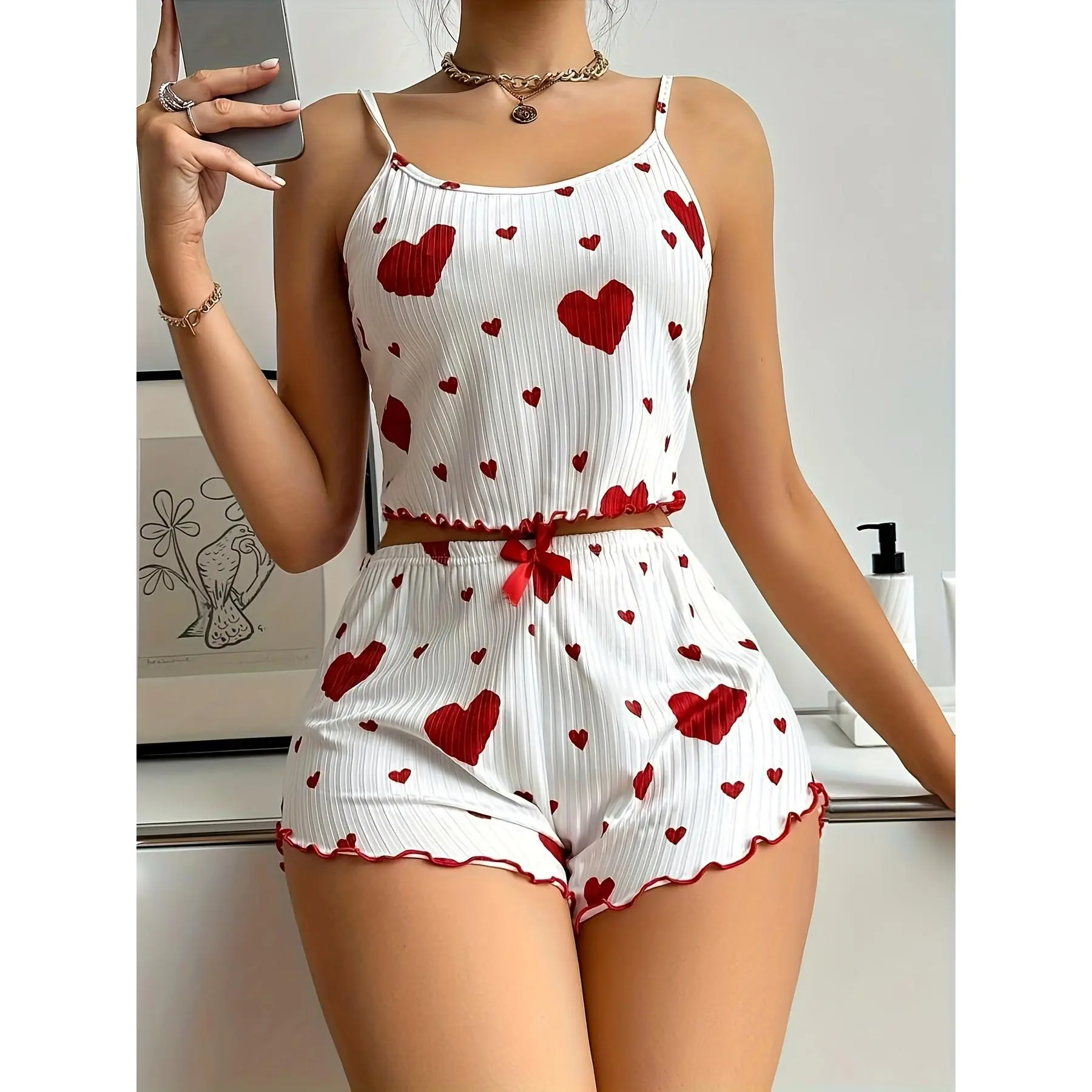 Charming heart print polyester pajama set with bow detail-knit fabric sleepwear for adults, 95% polyester 5% elastane, Comfort Fit lounge set loungewear womenswear Cowrie Savage x fenty