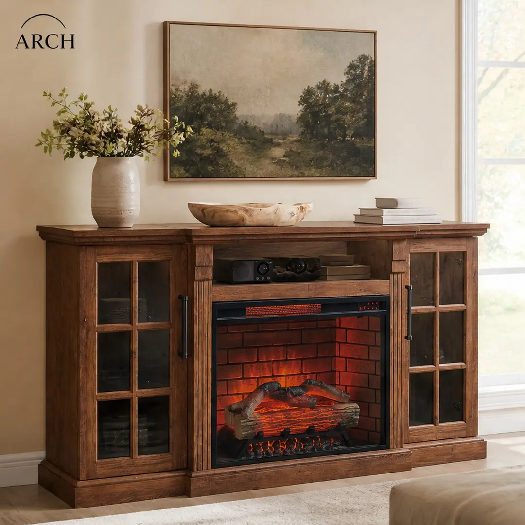 65-Inch Fireplace TV Stand with 28-Inch Electric Fireplace, LED Lights, Antique Brown, Tempered Glass & MDF, for TVs up to 75 Inches, Living Room Entertainment Center with Adjustable Flame, Timer, and 1500W Heat, Antique brown Color Options