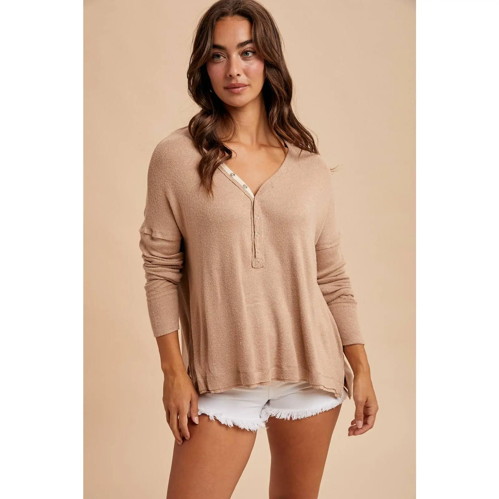 Autumn Latte Henley - Soft Lightweight Women's Blouse with Relaxed Fit & Warm Beige Tone for Year-Round Wear