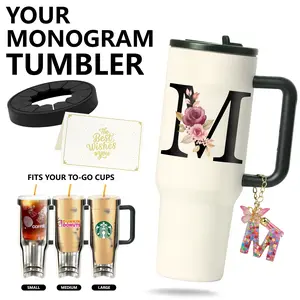 Summer Vibes Aesthetic, Personalized Monogram 40oz Tumbler with Handle, Class of 2026 Graduation Gifts, Leak-Proof Insulated Mug, To-Go Cup Insulator for Beach Pool Party office travel