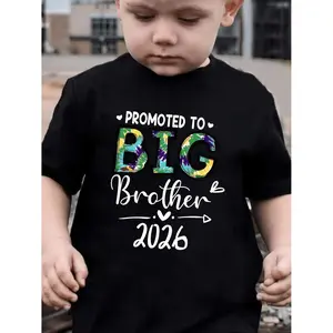 Summer Fashion Short-Sleeve T-Shirt for Boys with 'PROMOTED TO BIG BROTHER 2026' Letter Print, Perfect for Outdoor Casual Wear