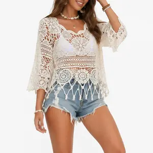 Boho Crochet Lace Cover Up Top, 3/4 Bell Sleeve Scallop Hem Knit Blouse for Women