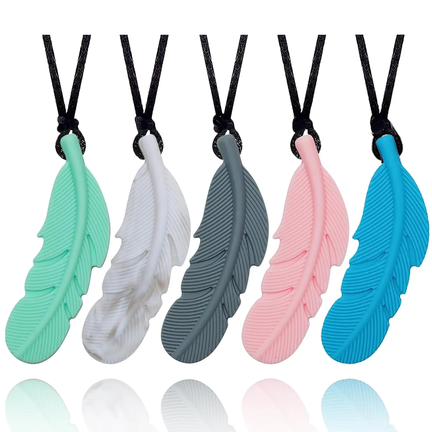 5-Pack Silicone Feather Sensory Chew Necklaces for Boys & Girls - Mild Chewers, Autism, ADHD, Oral Motor Needs (Baby Teething Relief Accessory)