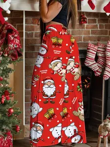 Women's Cartoon Santa Claus Print Wide Leg Pants, Casual Comfy Trousers for Daily Wear, Ladies Bottoms for Fall & Winter