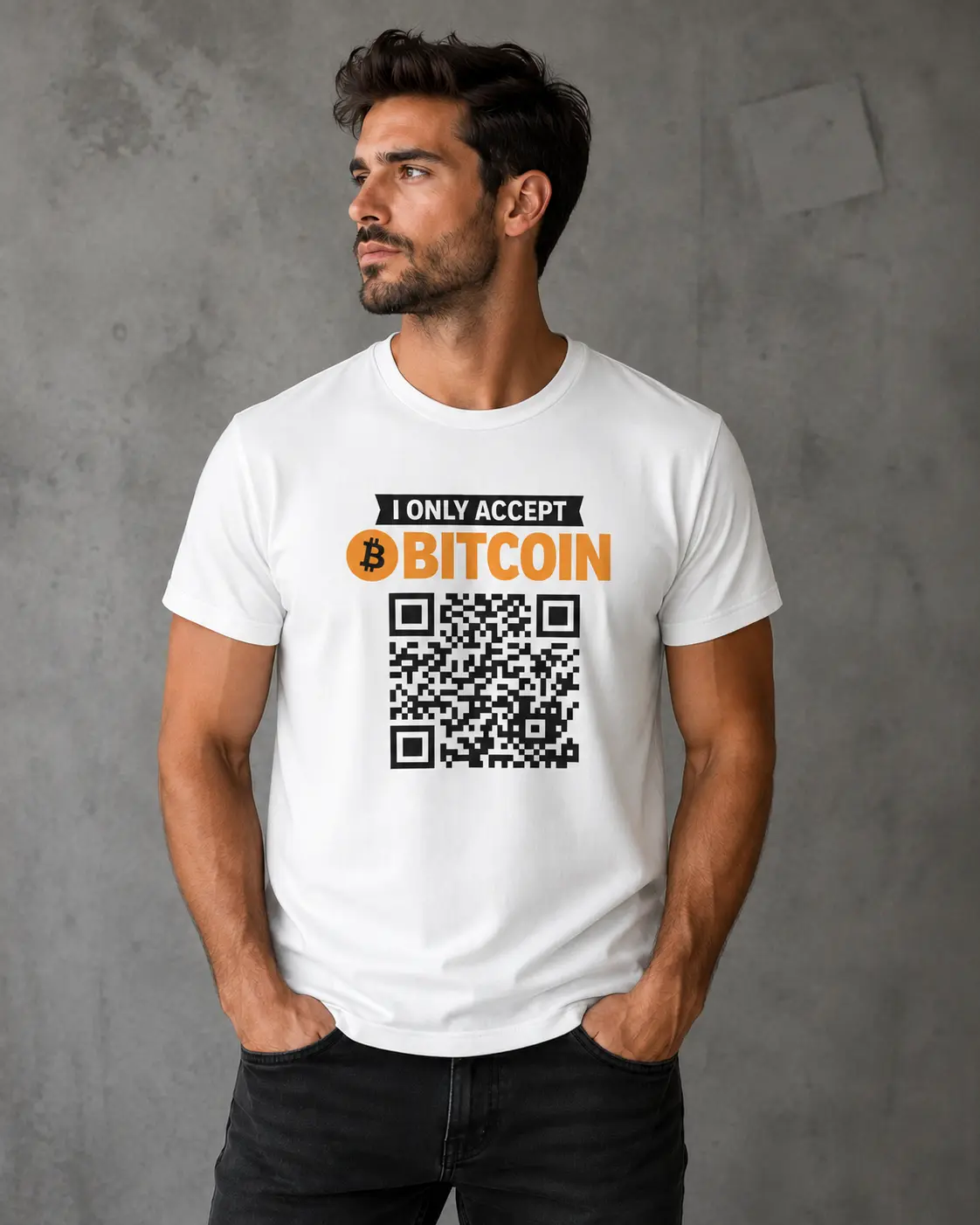 I Only Accept Bitcoin T-Shirt – Funny Crypto Graphic Tee – Bitcoin BTC QR Code Shirt – Cryptocurrency Gift