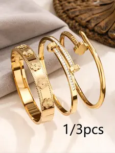 1/3pcs Women's Stainless Steel Cuff Bracelet, Boho Floral Nail Design, Casual Fashion Accessory, Ideal Gift for Her, Durable & Stylish, Bohemian Bracelets