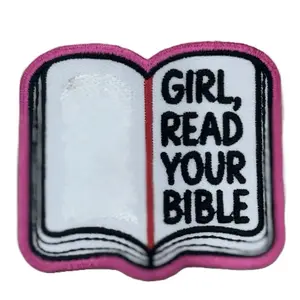 Girl Read Your Bible Iron On Patch - Pink Open Book Design for Clothing & Accessories