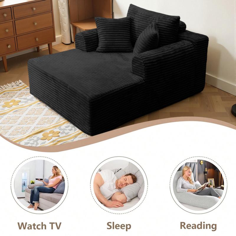 Oversized Boneless Chaise Lounge Upholstered Sofa Bed with Throw Pillows and Armrests Indoor Sleeper Chair Luxurious Plush Corduroy Chair Bed for Living Room No Assembly Required Black Color