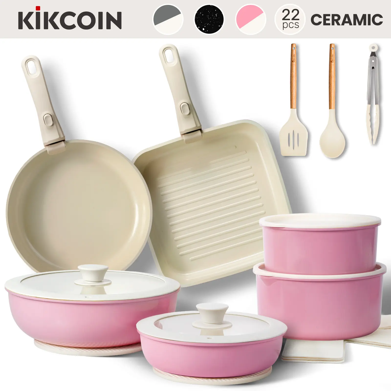 [Gift]Kikcoin Ceramic Pro Non-Stick complete pots and pans set 22pcs Non-Toxic PFOAFree,Dutch oven,Cookware Set with Lids Detachable Handle,RV cook,Multifunctional,Healthy,milk pan,Roast Chicken Outdoor,,Easy Care,Kitchen,Mother’s Day gift tikt