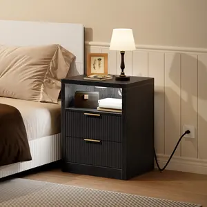 MAHANCRIS Luxury Nightstand, Modern Side Table with Charging Station, Bedside Table with 2 Drawers, Fluted Fronts, with Open Cubby, for Small Spaces, Bedroom, Living Room, Office, Black #SpringSale #BigSpringSale