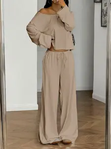 New Women's Solid Color Top and Pants Set, Casual Everyday Fashion Long Sleeve Blouse and High Waist Pants, Spring & Fall