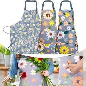 3PCS Vintage Floral Print Adjustable Apron with Tie-Back Pockets for Women - Stylish Kitchen Cooking Bib Overalls,Durable PVC Material, Comfortable Design for Home Cooking, Baking, or Gardening