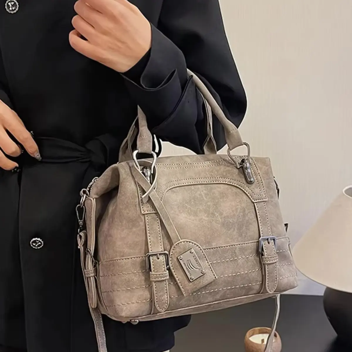 Women's Frosted PU Leather Handbag - Dual-Handled, Buckled, Carry-All, Contemporary, Detachable 2025 Trending Casual Shoulder/Crossbody/Clutch Purse for Daily Use (Luggage & Bags Accessory), Dual-Handled Women's Handbags, Buckled Women's Handbags