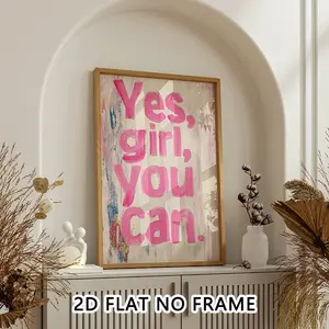 1PC Unframed 2D Flat Printed Canvas Wall Art, Vintage Pink "Yes Girl You Can" Motivational Quote Print, Vintage Letter Print, Retro Aesthetic Girl Power Wall Decor for Living Room, Bedroom, Office, Dorm, Indoor Hanging Art