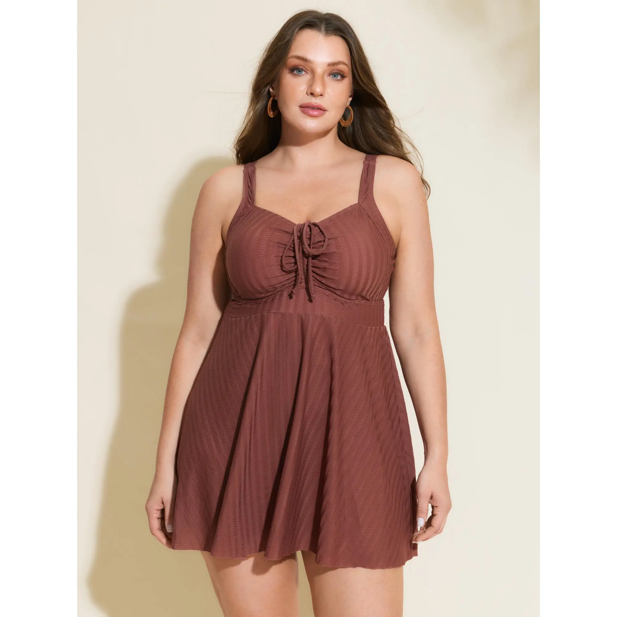 BLOOMCHIC Plus Size Textured Adjustable Drawstring Bodice Swim Dress - Elastic Fit Flattering Cut Drawstring Elastic Swimdresses [M-6X] Elastic Fit Swimdresses,Summerfinds