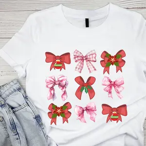Holiday Coquette Bows Short Sleeve Graphic Tee pink bow, Christmas
